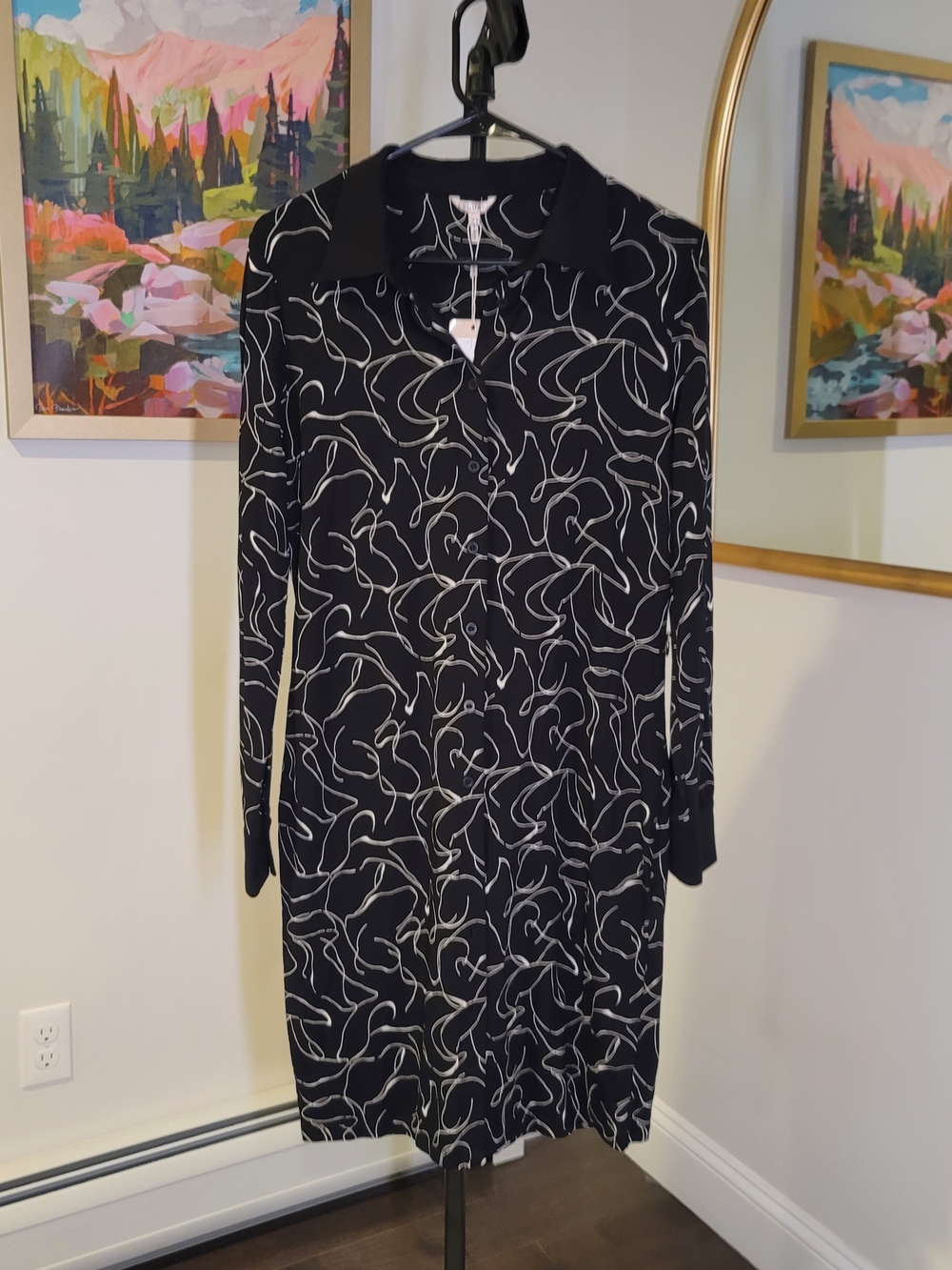 NWT ESQUALO Knit Long Sleeve Button Up Shirt Dress Black White Abstract Sz S